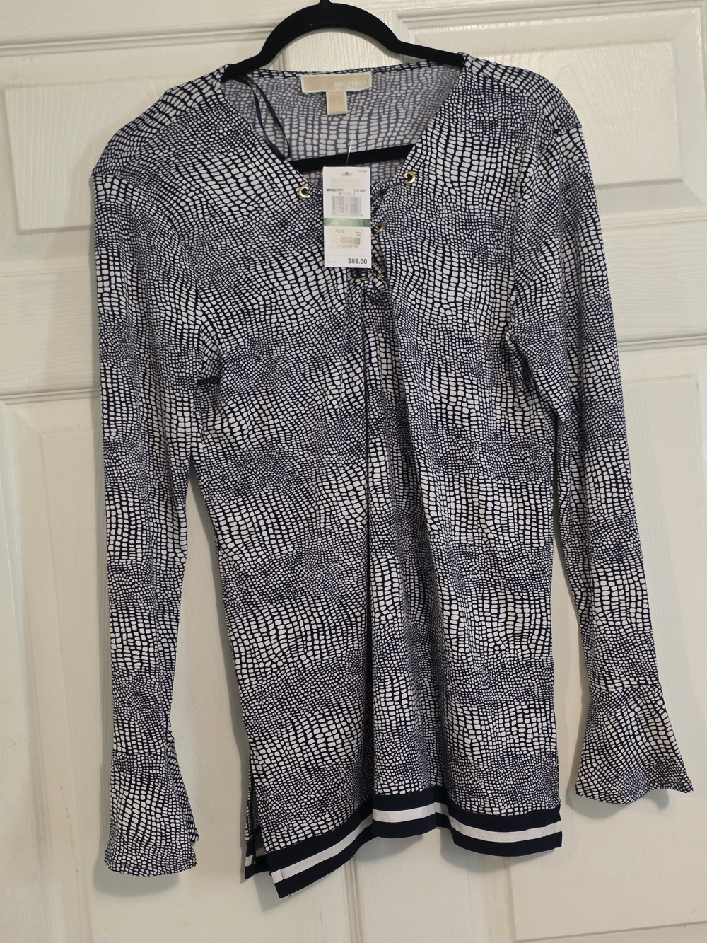 Michael Kors Navy and White Printed Long Sleeve Top